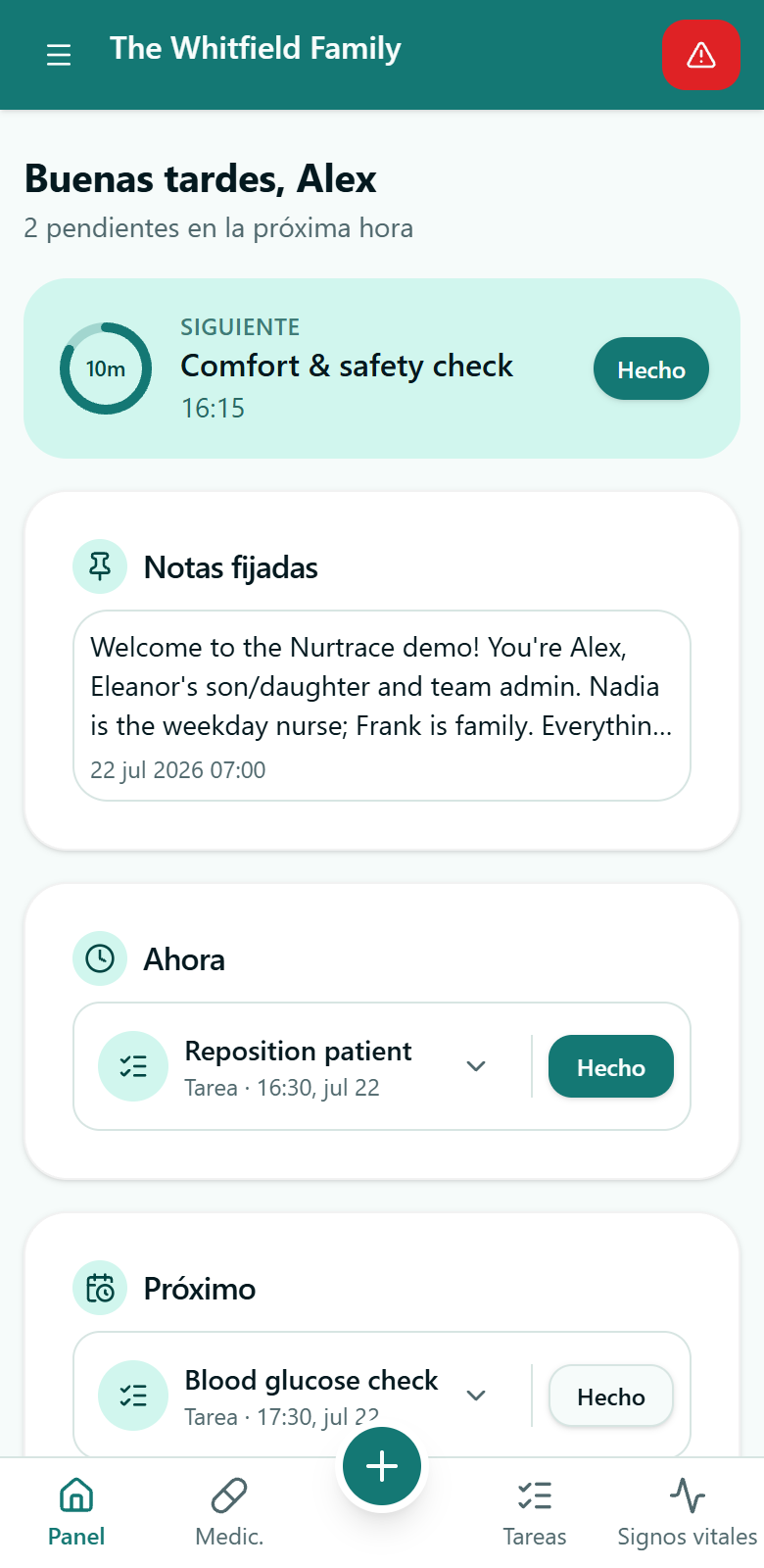 The Nurtrace dashboard running in Spanish