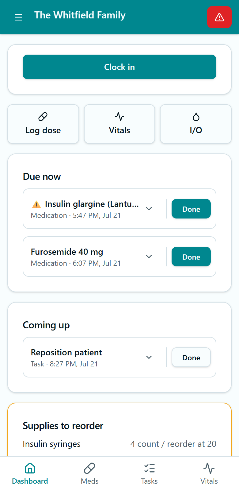 The Nurtrace dashboard showing today's care at a glance