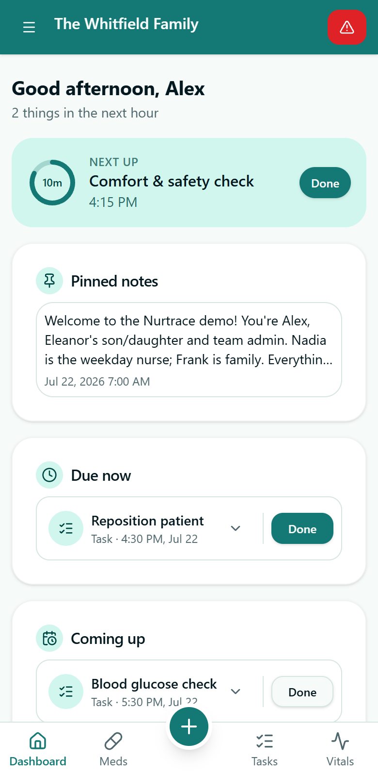 The Nurtrace dashboard showing today's care at a glance
