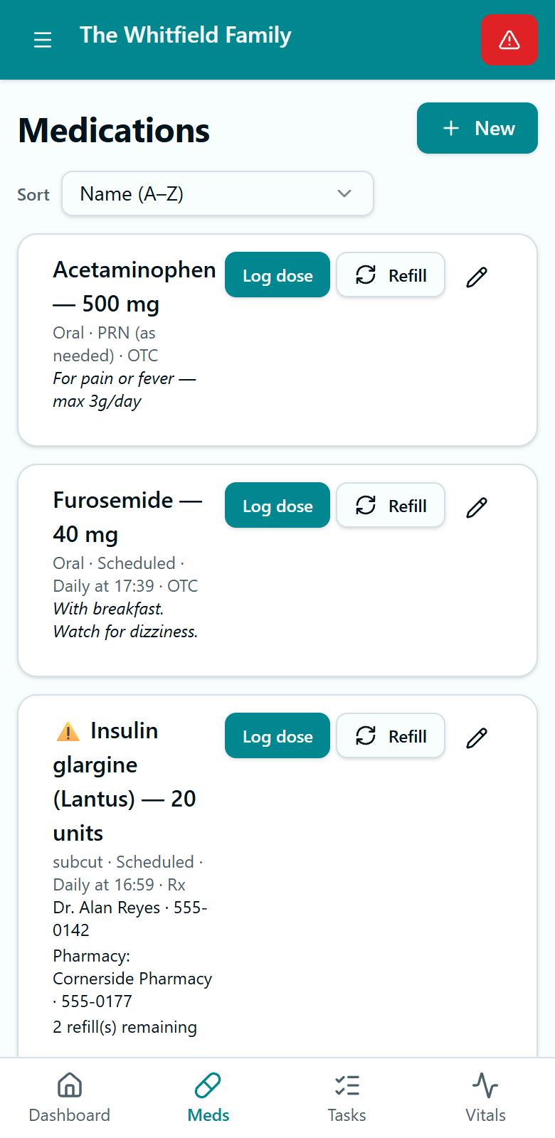 Medication list with dose logging and refills