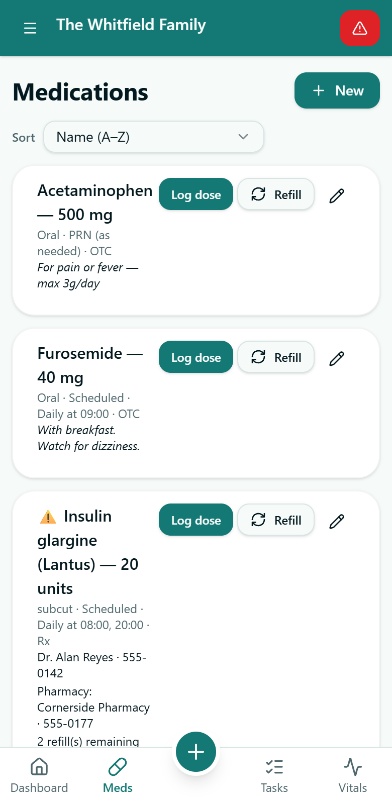 Medication list with dose logging and refills