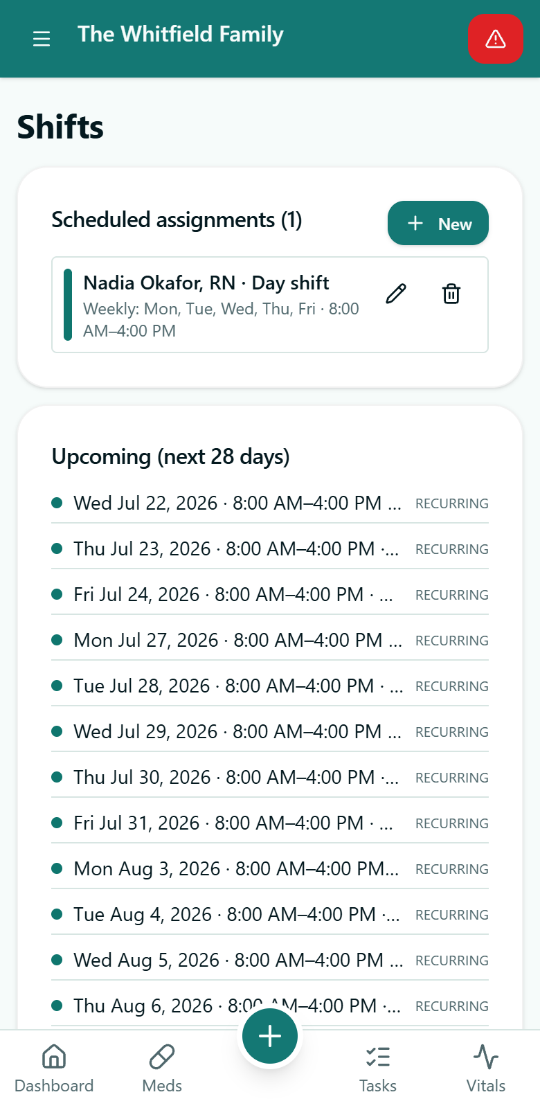 Shift schedule with weekly assignments and upcoming shifts